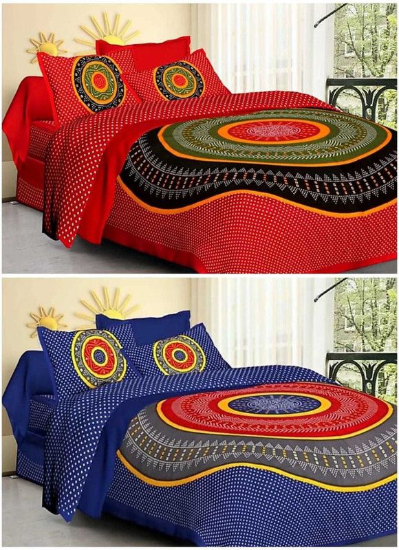 CRAFTART 151 TC Cotton Double Jaipuri Prints Flat Bedsheet  (Pack of 2, Blue , Red)