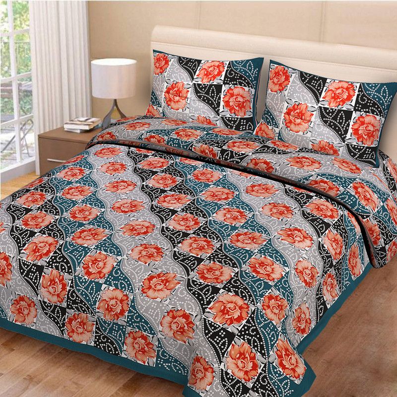 Saraa 144 TC Cotton Double Floral Flat Bedsheet  (Pack of 1, T.green/Black/Multi color)