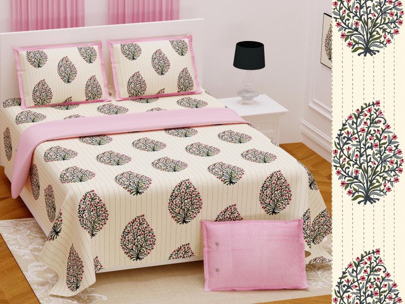 SHIVARIKA 300 TC Cotton King Jaipuri Prints Flat Bedsheet  (Pack of 1, Peach)