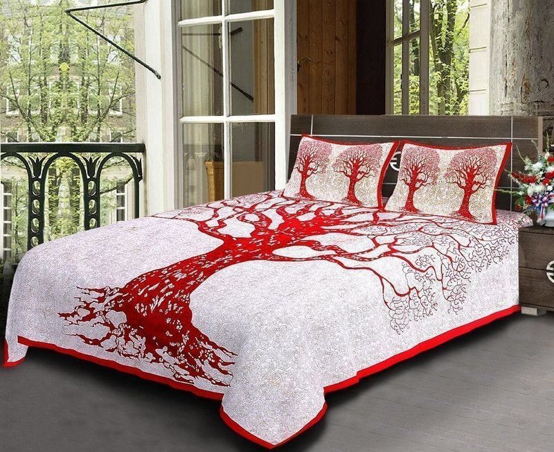 CURE N CARE 180 TC Cotton Queen Jaipuri Prints Fitted (Elastic) Bedsheet  (Pack of 1, Red)