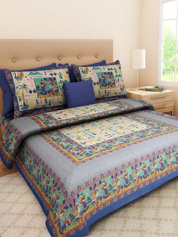 BHOOMI TEXTILES 144 TC Cotton King Checkered Flat Bedsheet  (Pack of 1, Blue)