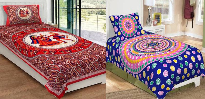 Shivay Enterprises 104 TC Cotton Single Printed Flat Bedsheet  (Pack of 2, Multicolor)