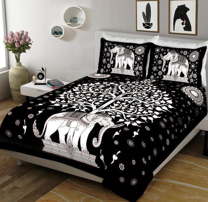 LxMiCreations 165 TC Cotton Queen Jaipuri Prints Flat Bedsheet  (Pack of 1, Black)