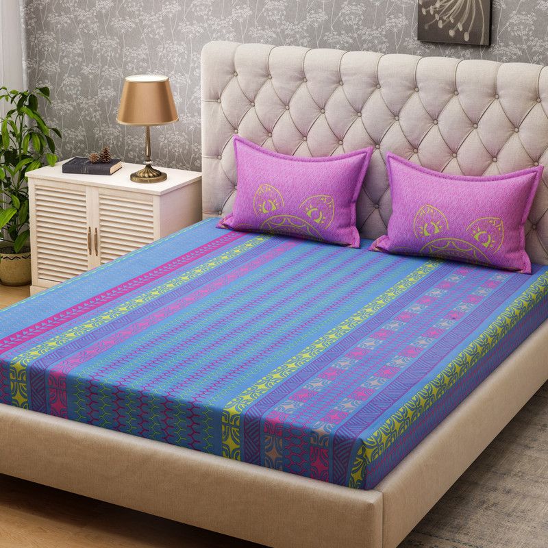 Bombay Dyeing Cotton Double Printed Flat Bedsheet  (Pack of 3, Blue)