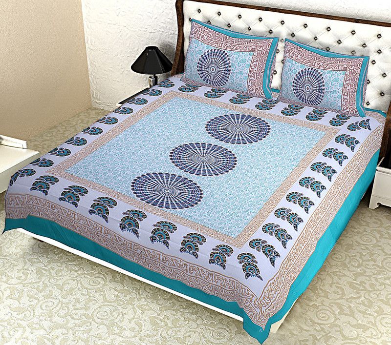 KF FABTEX 104 TC Cotton Double Printed Flat Bedsheet  (Pack of 1, Blue)