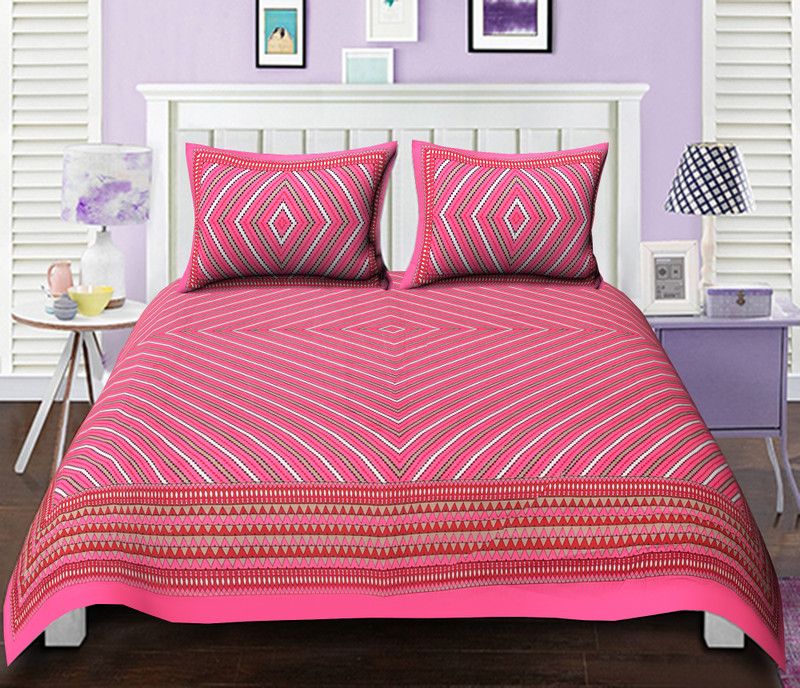 DJ 144 TC Cotton Double Printed Flat Bedsheet  (Pack of 1, Pink)
