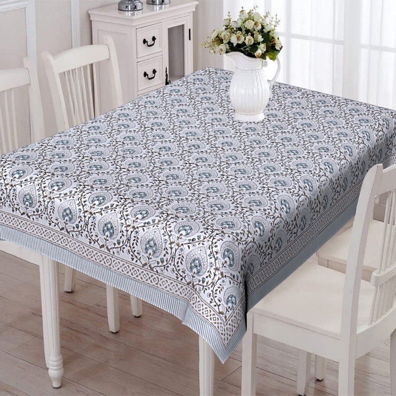 Texstylers Floral 8 Seater Table Cover  (White Base, Cotton)