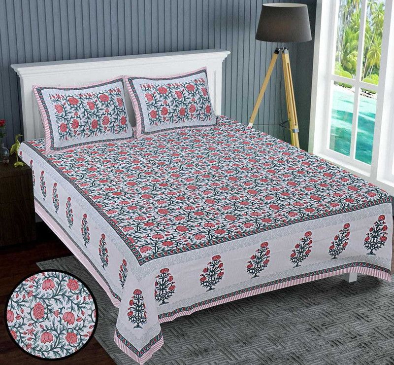Jetri 120 TC Cotton King Jaipuri Prints Flat Bedsheet  (Pack of 1, Pink)