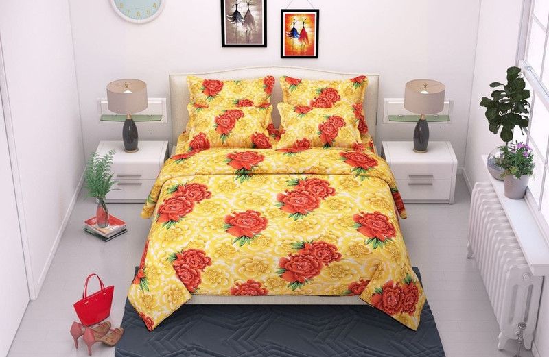 CHEVRON 140 TC Microfiber Double Floral Flat Bedsheet  (Pack of 1, Yellow)