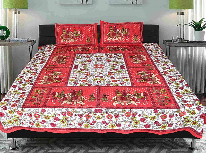 double cotton bed sheet 144 TC Cotton King Jaipuri Prints Flat Bedsheet  (Pack of 1, Red)