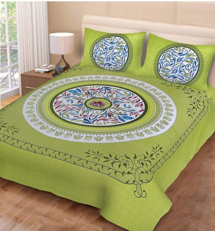 VIKANJALI FAB 104 TC Cotton Double Printed Flat Bedsheet  (Pack of 1, Green)