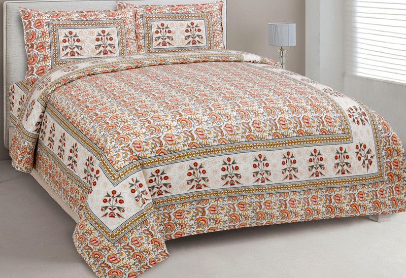 RUSH MORE 144 TC Cotton Double Floral Flat Bedsheet  (Pack of 1, Orange)
