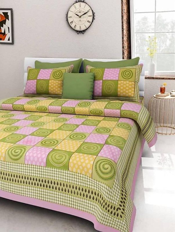 RAJDEVI JAIPUR PRINTS 351 TC Cotton Double, King Printed Flat Bedsheet  (Pack of 1, Pink, Green)