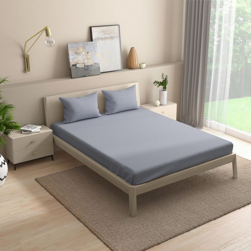 Wakefit 215 TC Cotton Single Solid Fitted (Elastic) Bedsheet  (Pack of 1, Blue Granite)