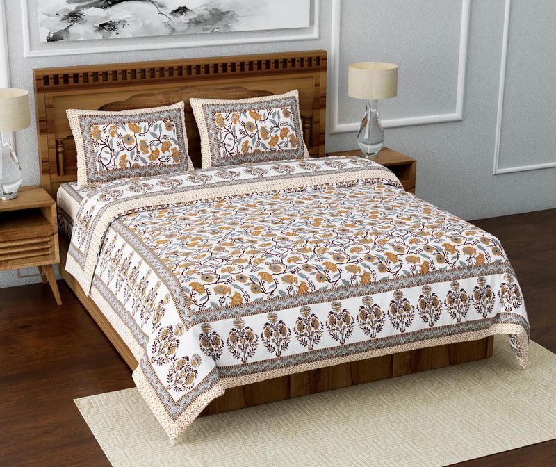 Loroco 180 TC Cotton King Printed Flat Bedsheet  (Pack of 1, Yellow)