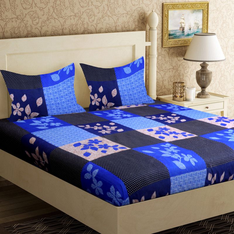 Flipkart SmartBuy 104 TC Microfiber Double Floral Flat Bedsheet  (Pack of 1, Blue)