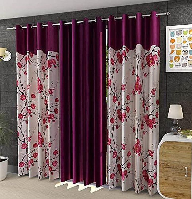 Curtlane home décor 214 cm (7 ft) Polyester Room Darkening Door Curtain (Pack Of 3)  (Floral, Pink)