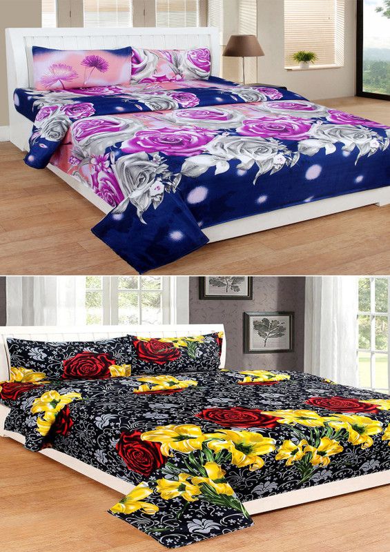 FFInternational 144 TC Polycotton Double Floral Fitted & Flat Bedsheet  (Pack of 2, Multicolor)