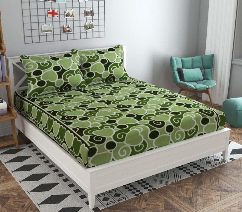 Temoli 180 TC Polyester King Printed Fitted (Elastic) Bedsheet  (Pack of 1, GREEN HEART)
