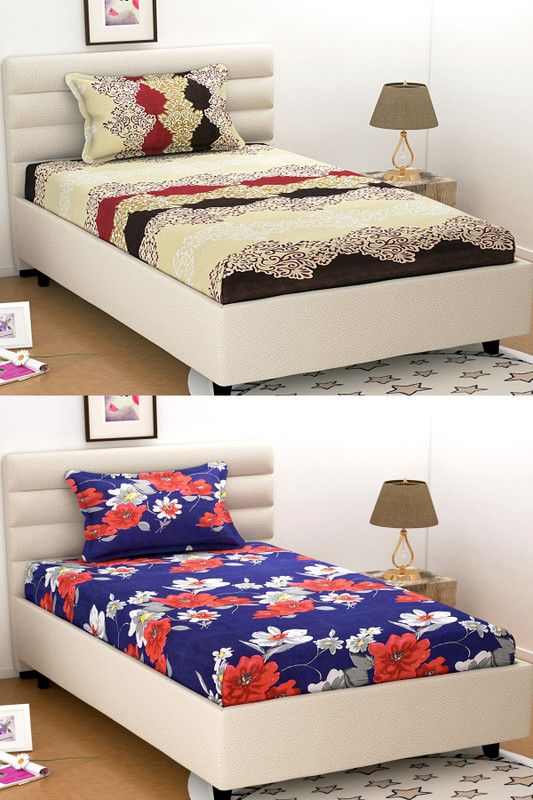 OICHY 160 TC Microfiber Single 3D Printed Fitted & Flat Bedsheet  (Pack of 2, Blue)