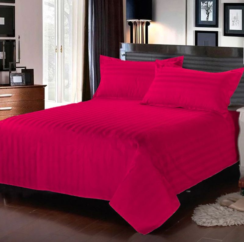ACHIR 300 TC Cotton Double Striped Flat Bedsheet  (Pack of 1, Pink)