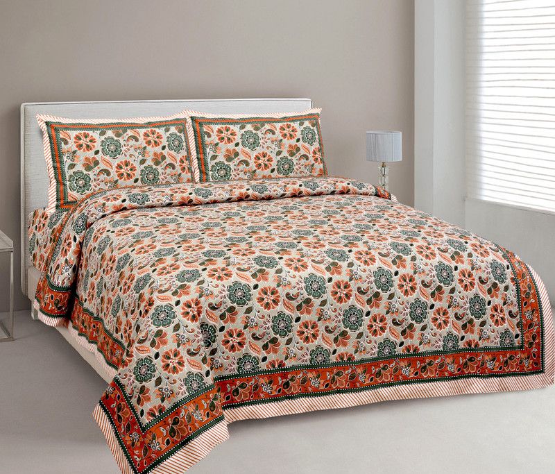 SONI 144 TC Cotton King Floral Flat Bedsheet  (Pack of 1, Cream)