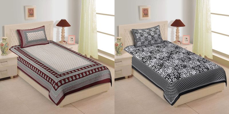 TANIKA 140 TC Cotton Single Printed Flat Bedsheet  (Pack of 2, Maroon, Black)