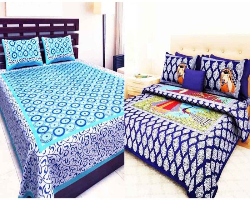 NKRISMARTELITE 140 TC Cotton Double Printed Flat Bedsheet  (Pack of 2, C-Green, Blue)