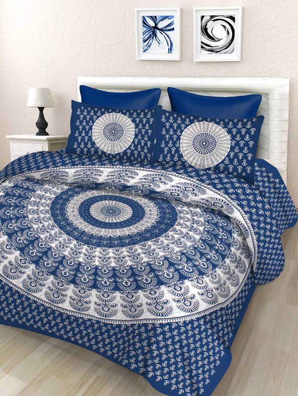 PUNAM ENTERPRISES 144 TC Cotton Double Jaipuri Prints Flat Bedsheet  (Pack of 1, Blue)
