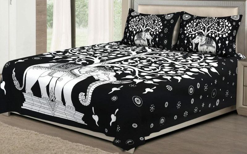 VHD 150 TC Cotton Double Printed Flat Bedsheet  (Pack of 1, Black)