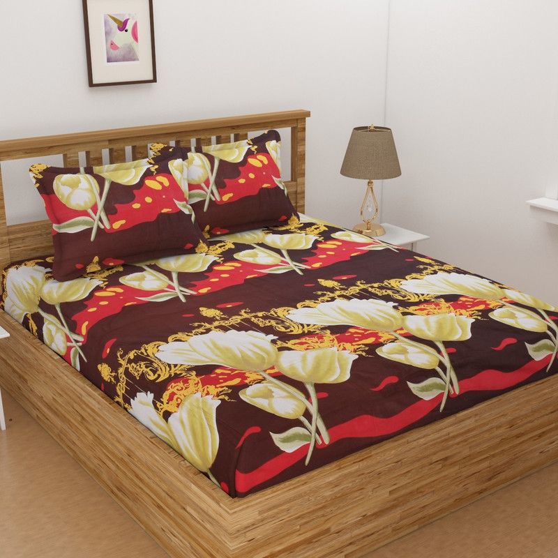 HOME STAR 140 TC Microfiber Double Floral Flat Bedsheet  (Pack of 1, Brown)