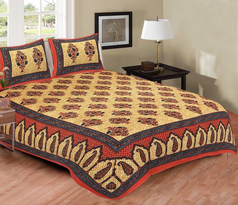 SOMYA GEMS 300 TC Cotton King Jaipuri Prints Flat Bedsheet  (Pack of 1, Multicolor)