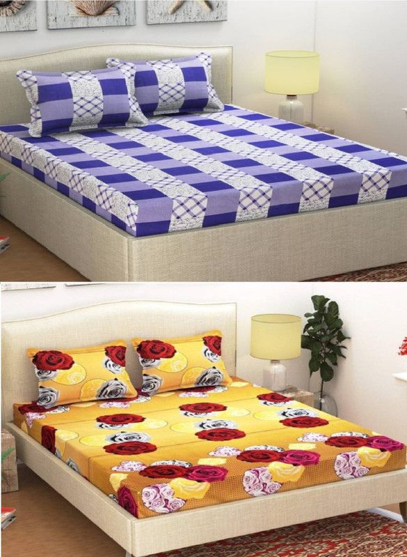 ZirconHomes 144 TC Polycotton Double 3D Printed Flat Bedsheet  (Pack of 2, Blue, Yellow)