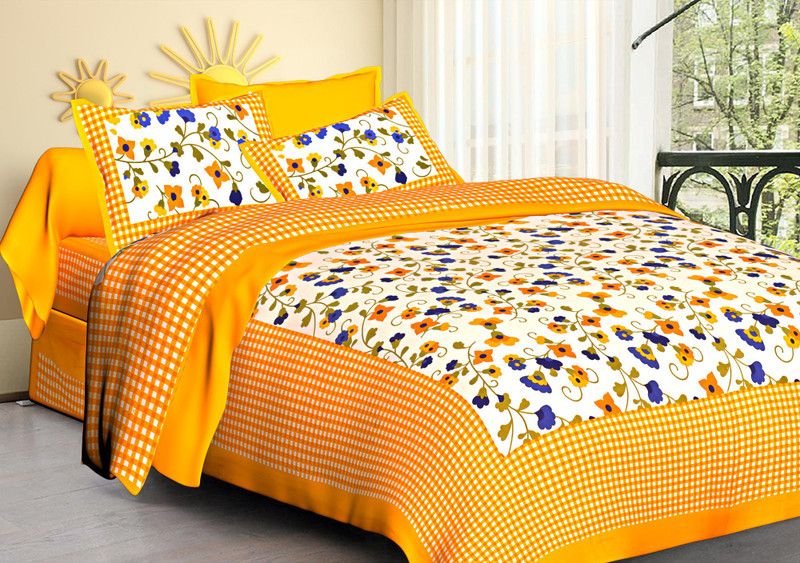 Unique Fashion 156 TC Cotton Double Jaipuri Prints Flat Bedsheet  (Pack of 1, Orange, Beige, Green, Yellow)