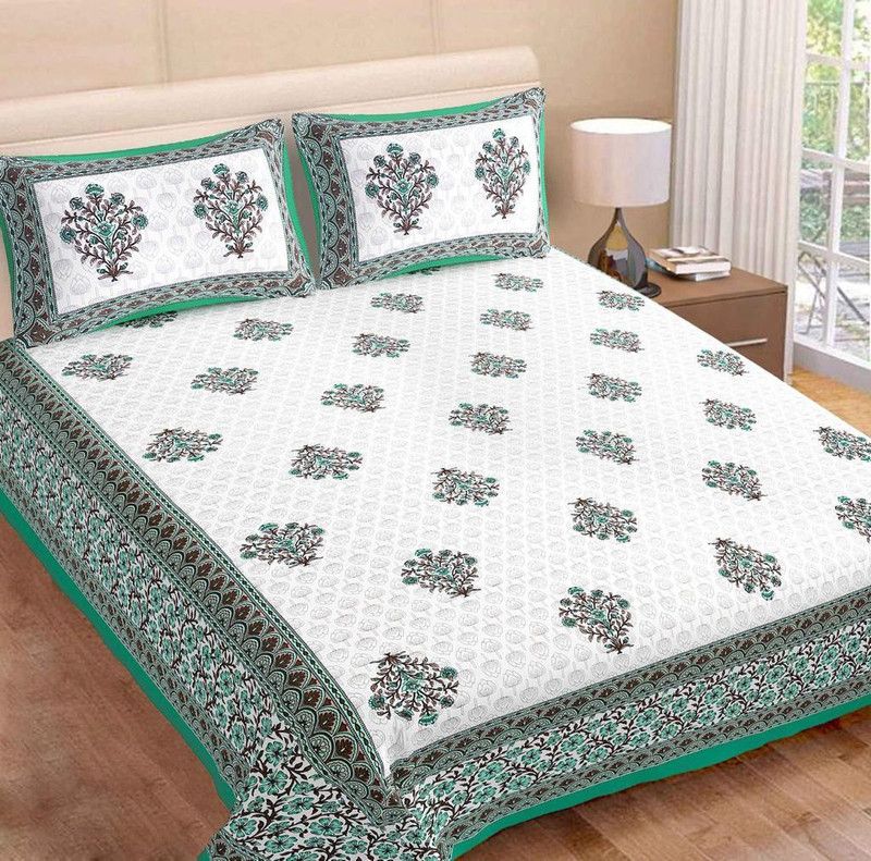 TANIDECOR STORE 148 TC Cotton Double Floral Flat Bedsheet  (Pack of 1, Green)