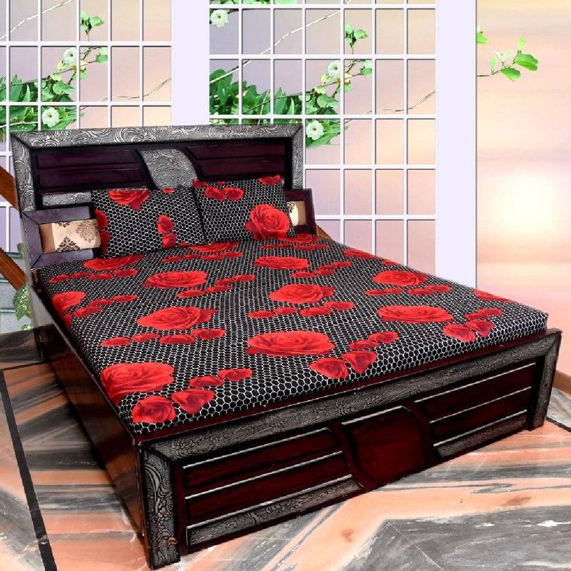 shyokand 144 TC Microfiber Double Floral Flat Bedsheet  (Pack of 1, Black , Red)