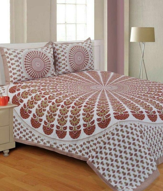 Handwoven 150 TC Cotton Double Jaipuri Prints Flat Bedsheet  (Pack of 1, Maroon)