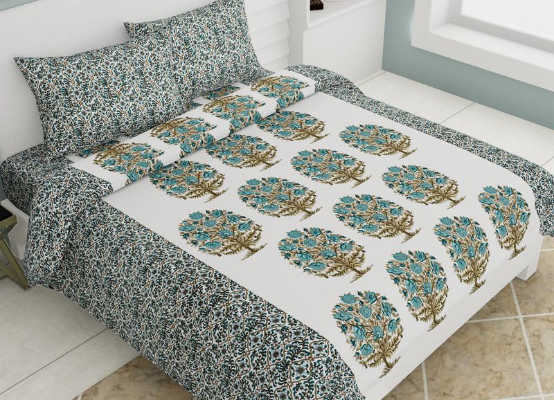 Ujjwal Creation 210 TC Cotton Double, King Jaipuri Prints Flat Bedsheet  (Pack of 1, Green, White)