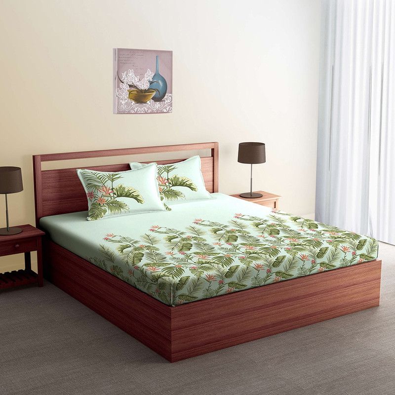 SPACES 144 TC Cotton Queen Floral Flat Bedsheet  (Pack of 1, Green)