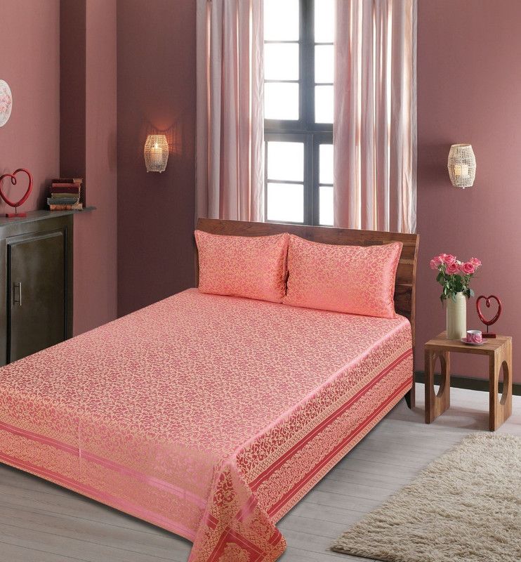400 TC Silk, Cotton Double Printed Bedsheet  (Pack of 1, Pink, Yellow)