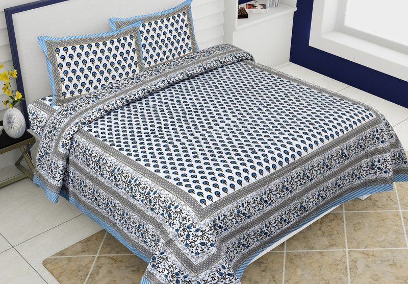 RJ 180 TC Cotton Double Printed Flat Bedsheet  (Pack of 1, White, Blue)