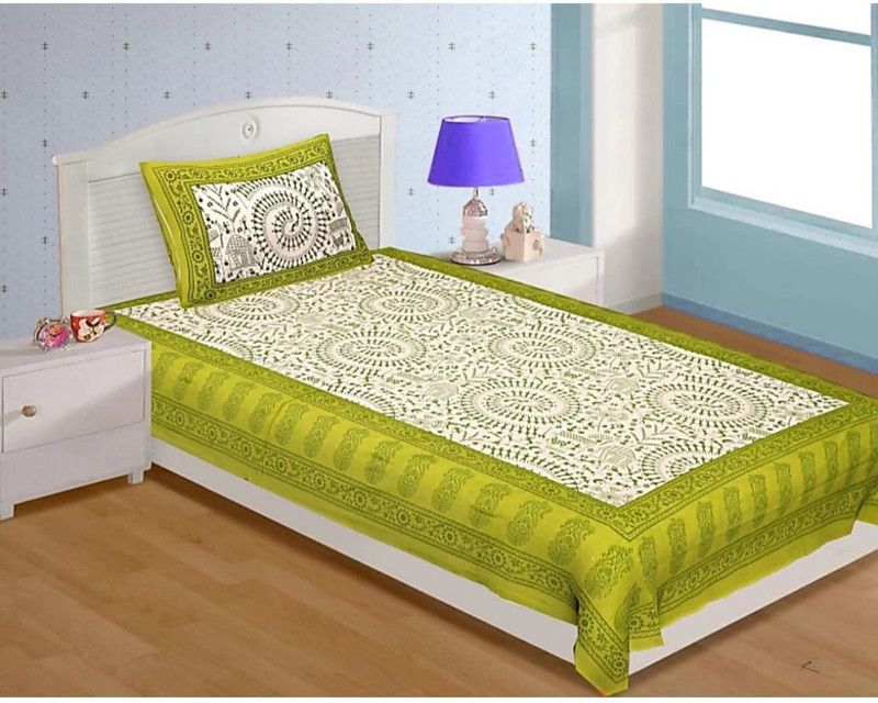 E ELMA 144 TC Cotton Single Jaipuri Prints Flat Bedsheet  (Pack of 1, Green)