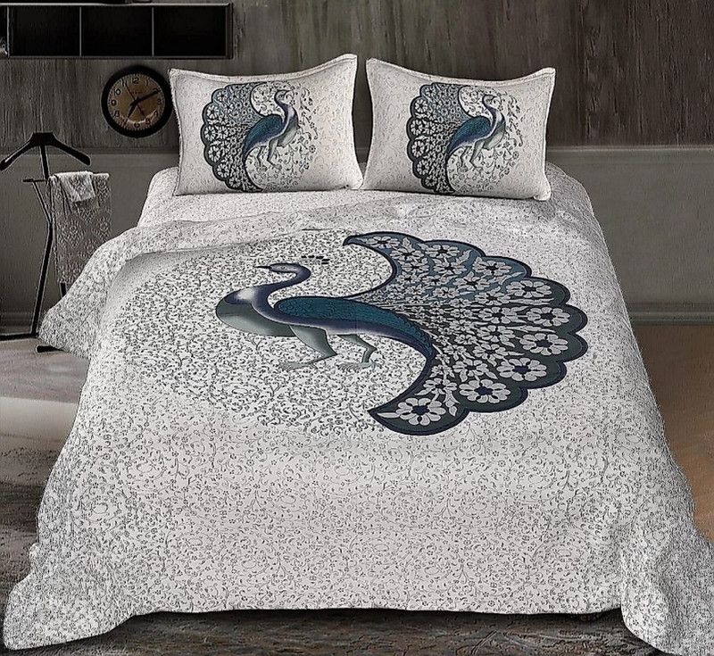 Rawal Fashions 144 TC Cotton Double Jaipuri Prints Flat Bedsheet  (Pack of 1, Grey)