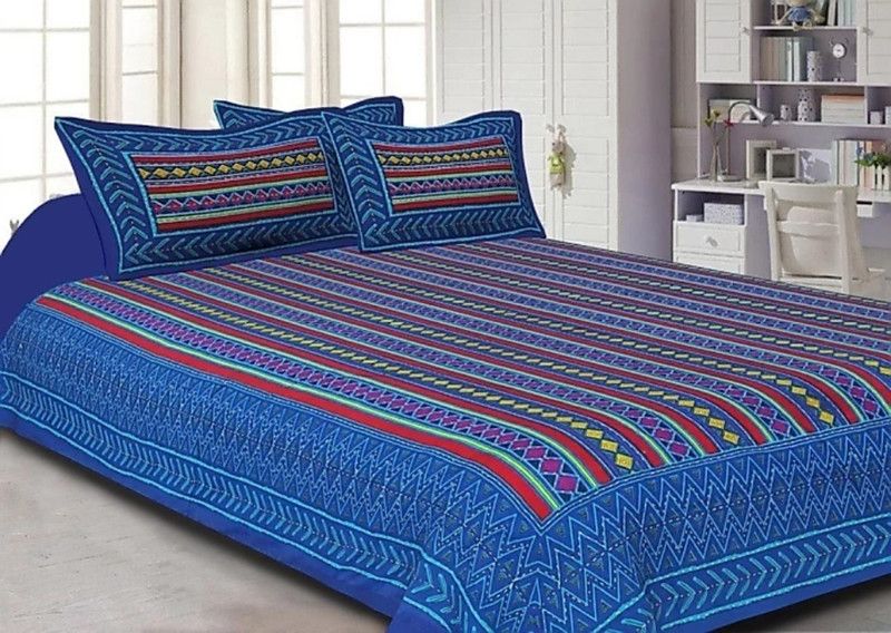 Unique Choice Rajasthani Traditional Collection 151 TC Cotton Double Printed Flat Bedsheet  (Pack of 1, Blue)