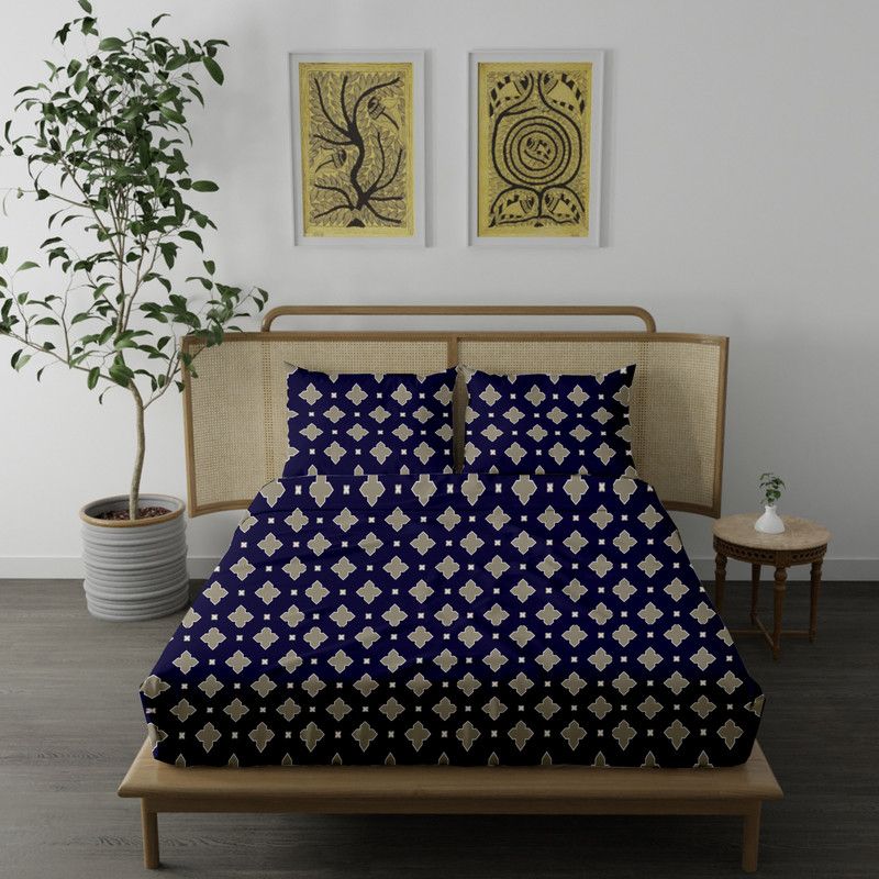 Blue Dahlia 220 TC Cotton King Printed Flat Bedsheet  (Pack of 1, Navy)