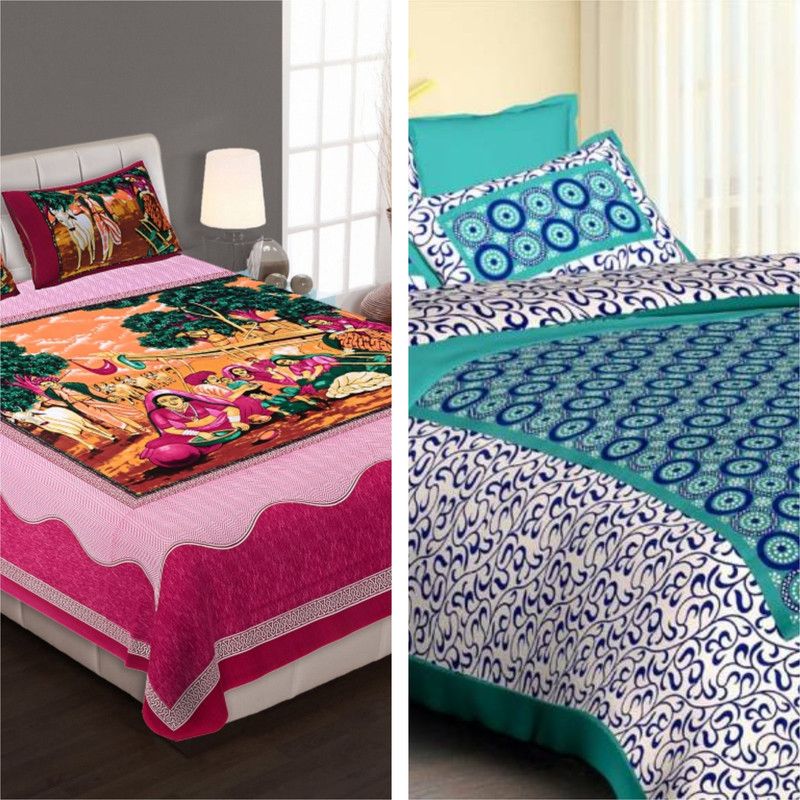 Aarohi 144 TC Cotton Queen Printed Flat Bedsheet  (Pack of 2, Pink)