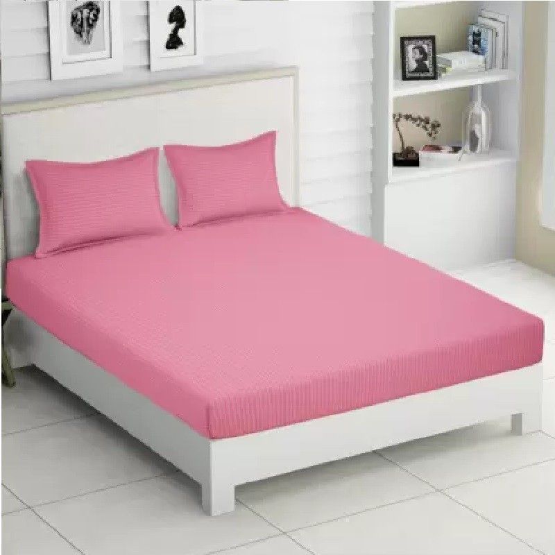 JJT HOME 200 TC Microfiber Double Striped Flat Bedsheet  (Pack of 1, Pink)