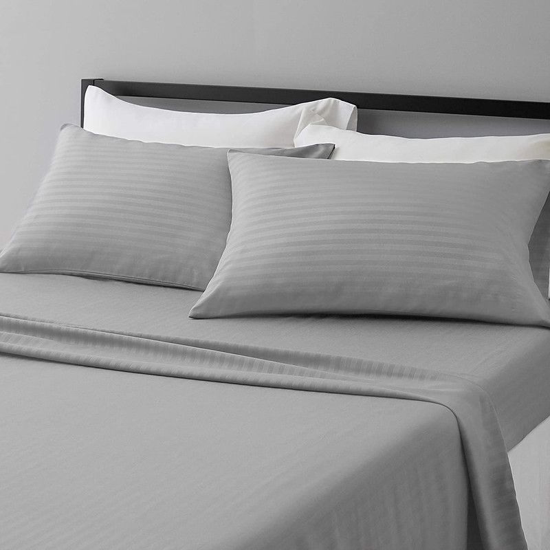 DD Enterprises 210 TC Cotton Queen Striped Fitted (Elastic) Bedsheet  (Pack of 1, Light Grey)