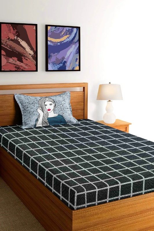 Trendy Threads 200 TC Cotton Single Checkered Flat Bedsheet  (Pack of 1, Black)