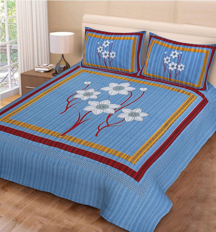 THP 104 TC Cotton Double Jaipuri Prints Flat Bedsheet  (Pack of 1, Blue)